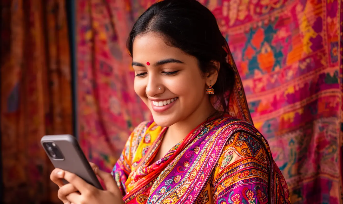 Happy Bangladeshi woman in traditional attire smiling while using the 87BD casino app on her smartphone in a colorful cultural setting