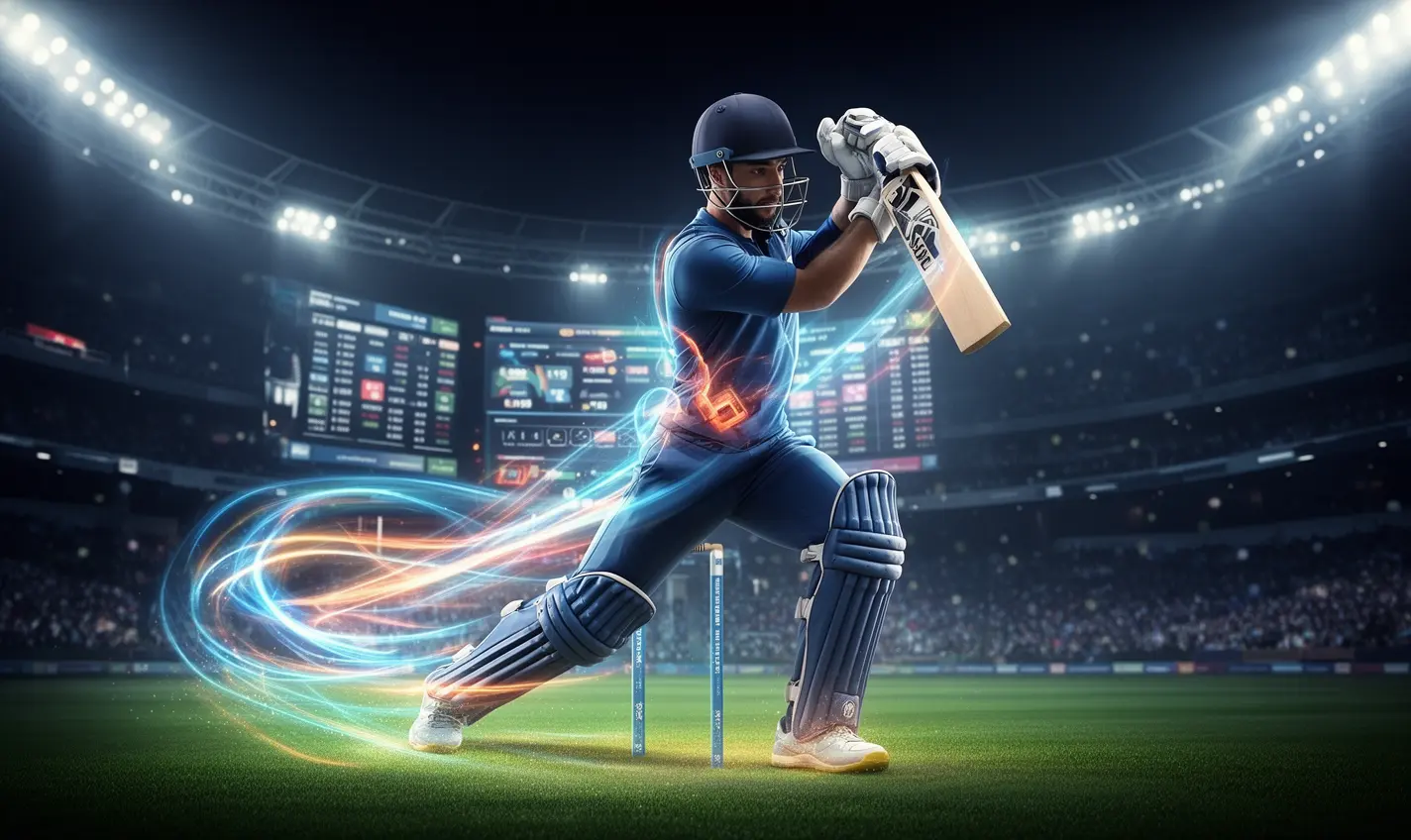 Futuristic cricket betting concept with a glowing player running on the field symbolizing fast and exciting sports betting on 87BD in Bangladesh