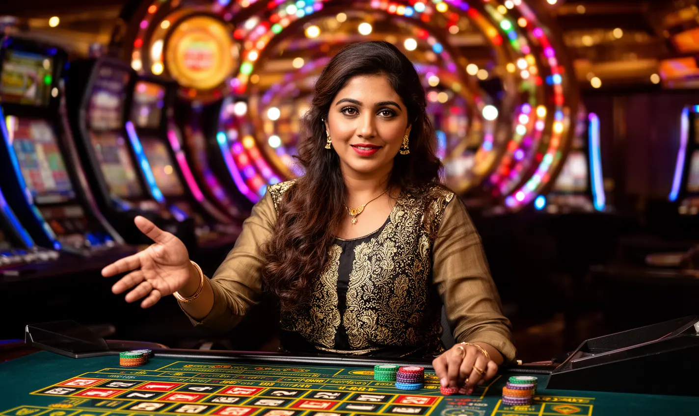 Elegant live casino dealer at a roulette table with vibrant gaming lights showcasing the premium atmosphere of 87BD online casino for players in Bangladesh