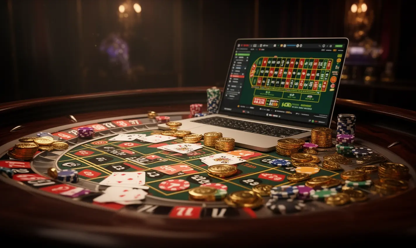 Premium online casino setup with stacked chips, a roulette wheel, and a live game on a laptop highlighting immersive gameplay at 87BD