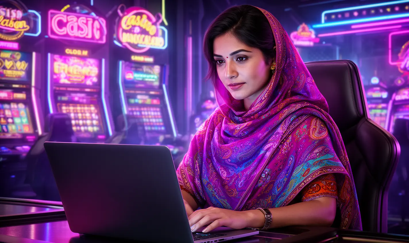 Focused Bangladeshi player enjoying colorful casino games on a laptop with neon lights reflecting the immersive 87BD online gaming environment
