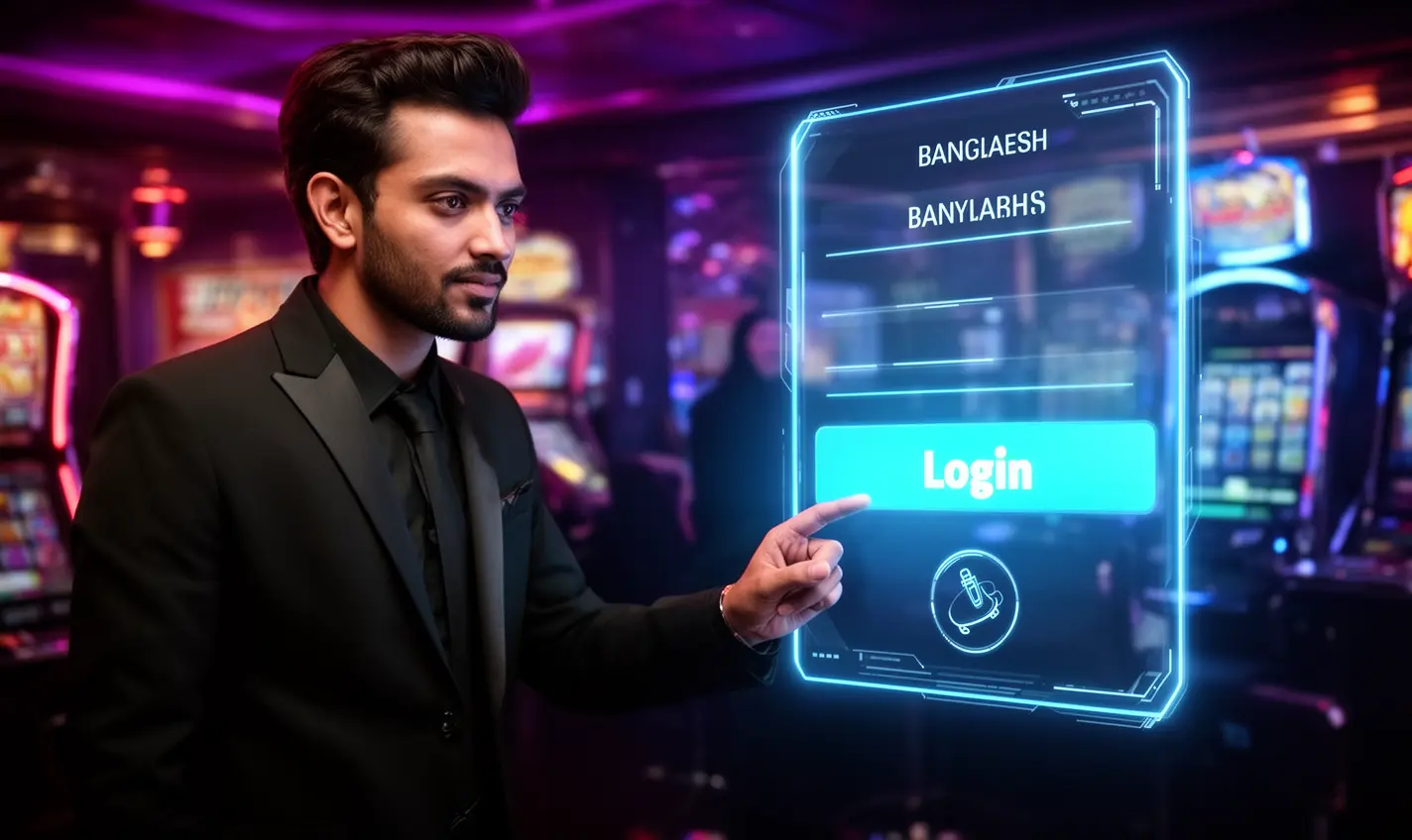 Stylish Bangladeshi casino dealer pointing at a glowing digital login interface inside the vibrant 87BD casino environment