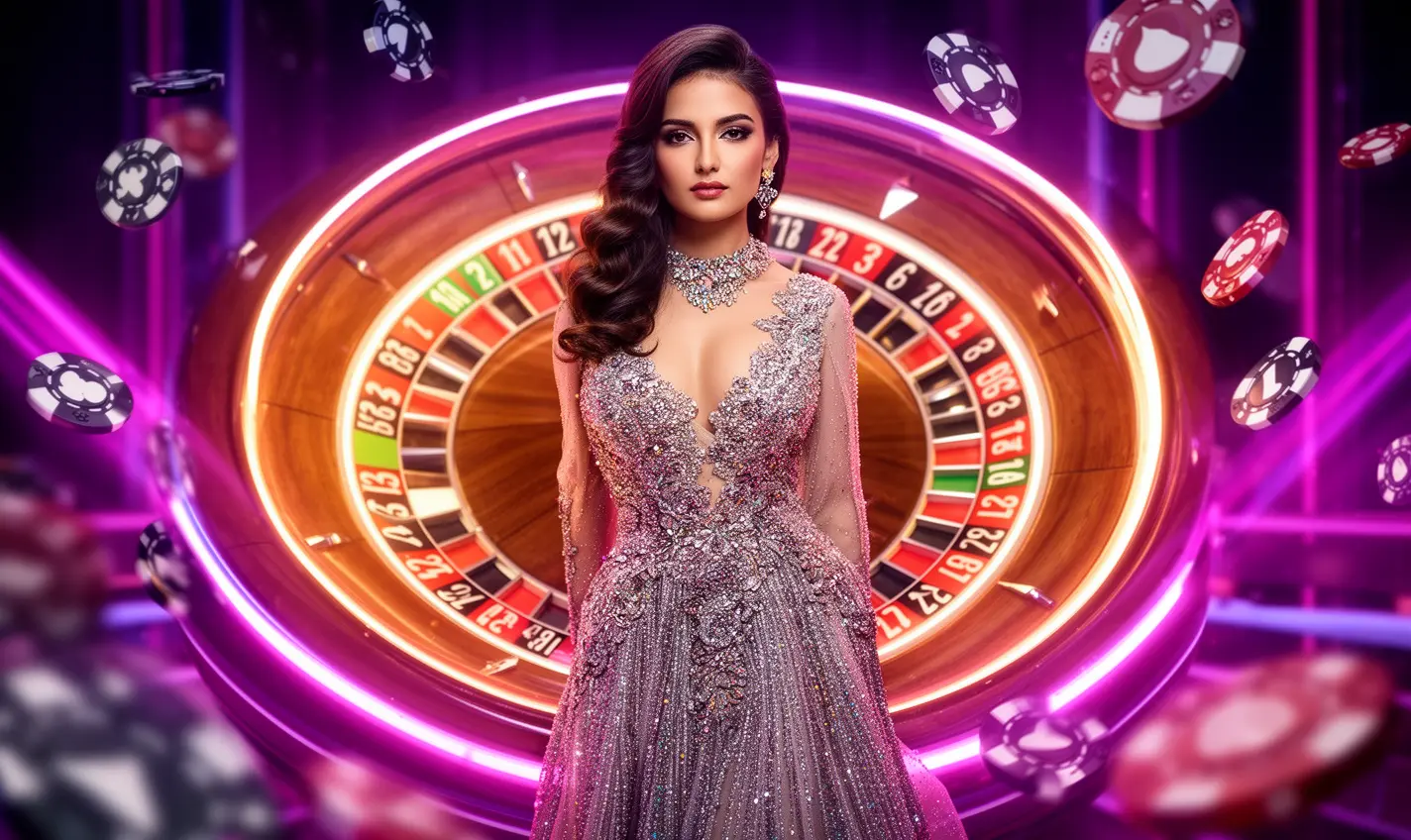 A glamorous casino hostess in a sparkling evening dress standing before a glowing roulette wheel with flying chips, reflecting the luxury gaming atmosphere of 87BD Casino in Bangladesh