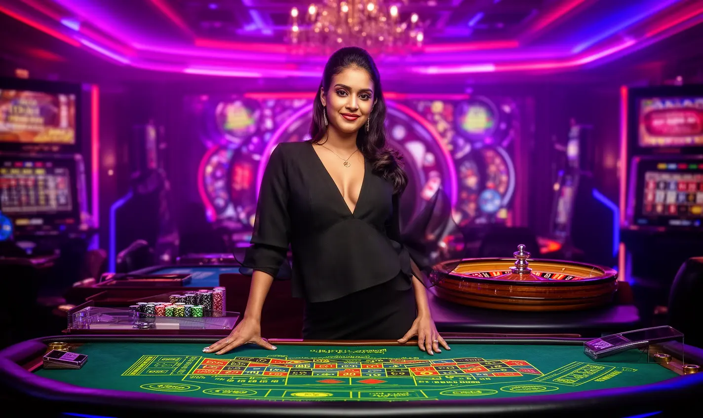 Professional live casino dealer standing at a roulette table with vibrant neon lighting representing the immersive live gaming environment of 87BD for Bangladeshi players