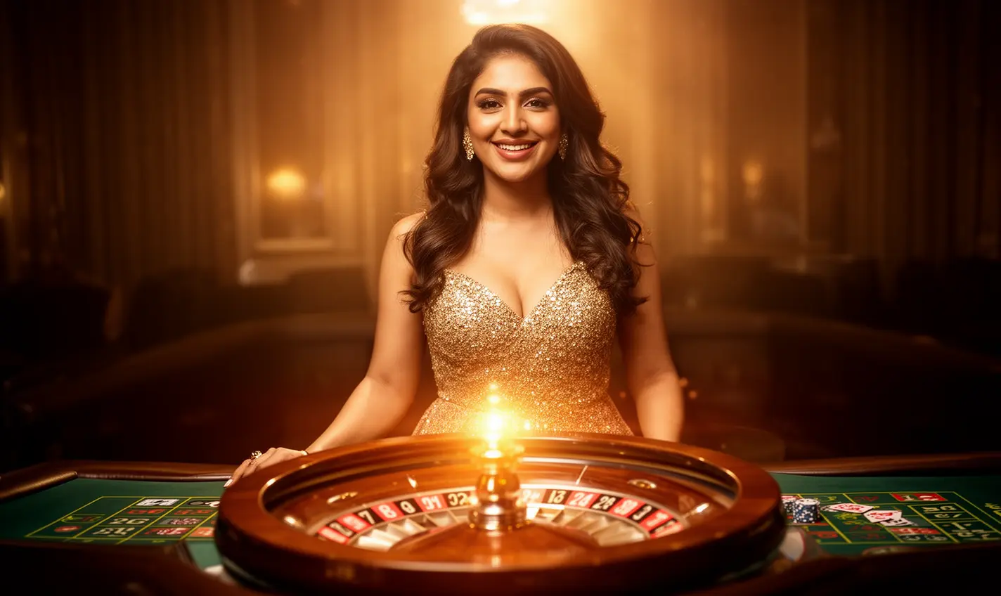Professional Bangladeshi casino hostess at a gaming table with colorful chips and a glowing roulette backdrop representing trust and excitement at 87BD