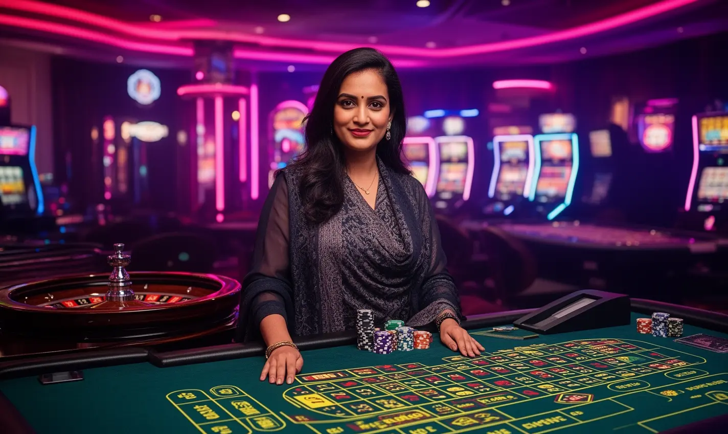 Elegant live casino dealer standing at a roulette table with vibrant neon lights representing the premium 87BD casino atmosphere for players in Bangladesh